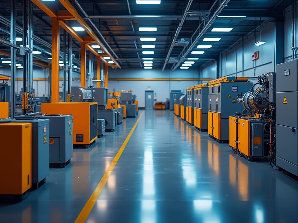 Pasillo de una planta industrial con equipos y maquinaria moderna, luces fluorescentes en el techo y suelo pulido.