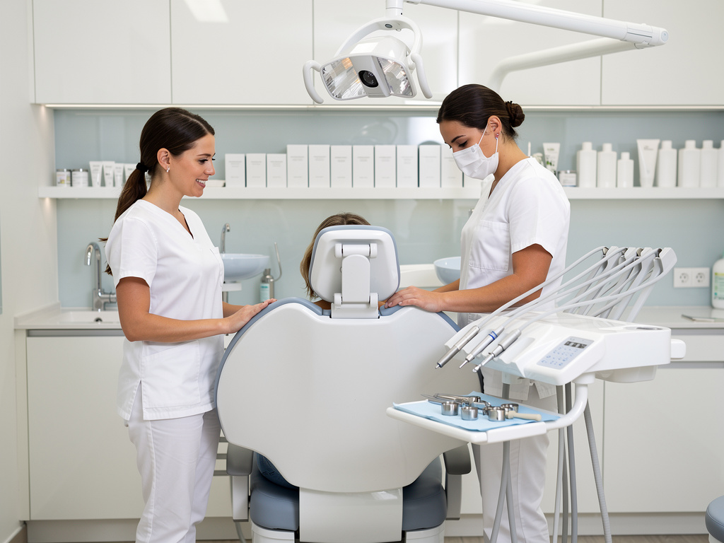 Dos dentistas atendiendo a un paciente en una clínica dental moderna con sillón y equipo odontológico