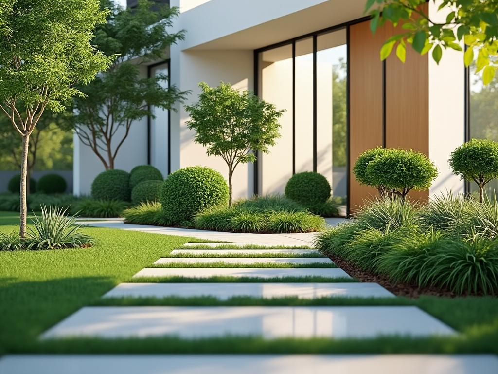 Jardim moderno com caminho de pedras brancas, arbustos podados e fachada de vidro.