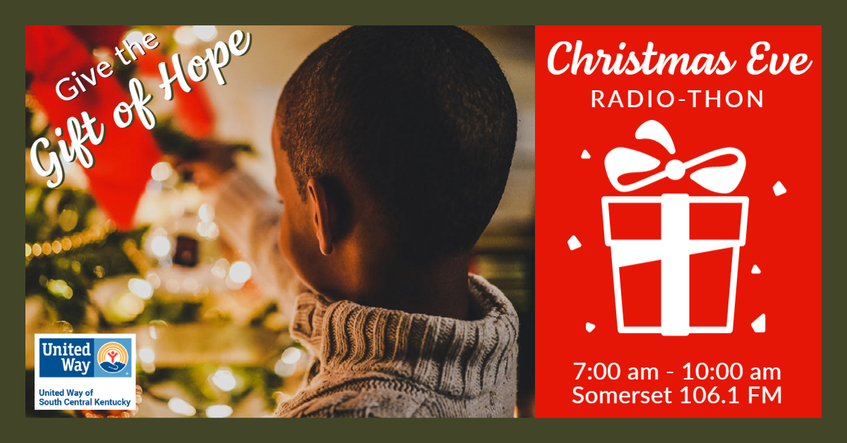Image of little boy with Christmas tree that says "Give the gift of hope" with "Christmas Even Radio-thon"