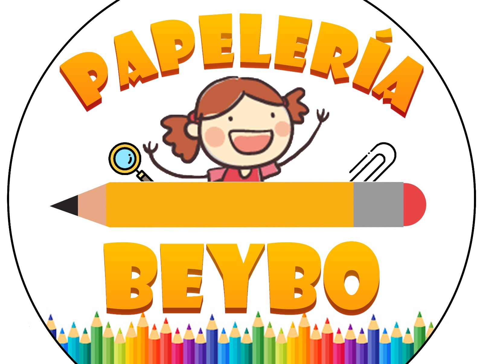 Logotipo de Papelería Beybo con ilustración de niña sobre lápiz, lupa y clip, rodeado de lápices de colores.
