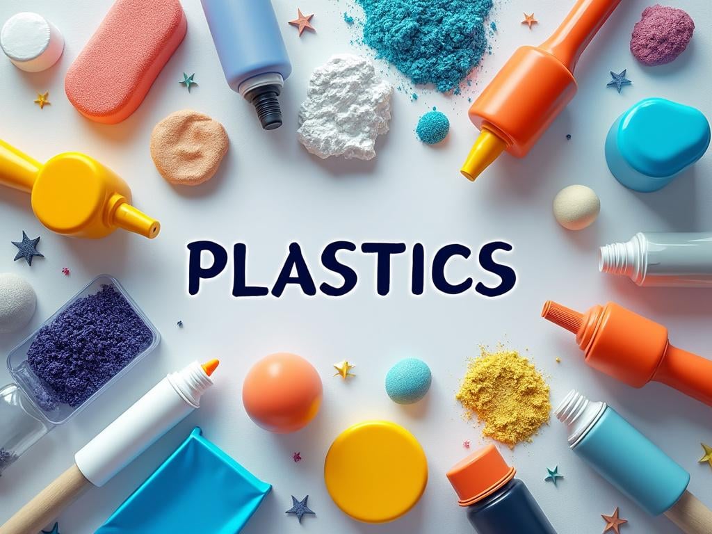Imagen con diversas herramientas de maquillaje y polvo de colores rodeando la palabra 'PLASTICS' en el centro.