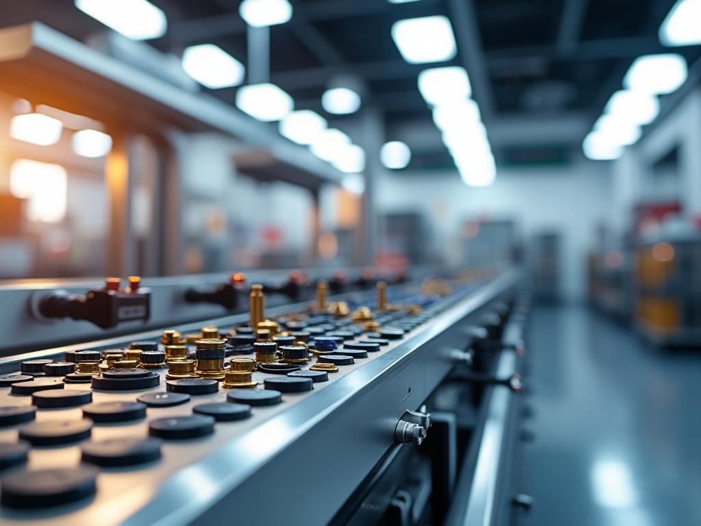 Línea de producción automatizada en una fábrica moderna con componentes metálicos dorados.