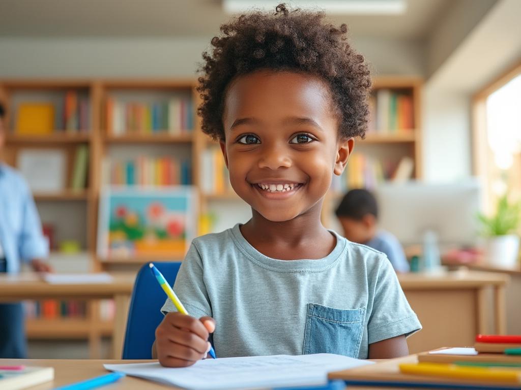 Niño sonriente en clase con libro y lápiz, fondo de estantería con libros.
