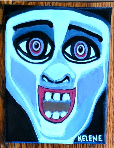 Title; I gotta go. 6 x 8 acrylic on canvas. Kelene 2024 small painting NFS