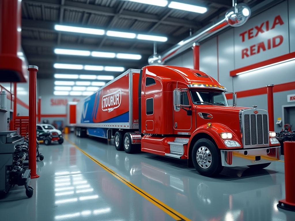 Red semi-truck with trailer inside modern garage with bright overhead lighting.