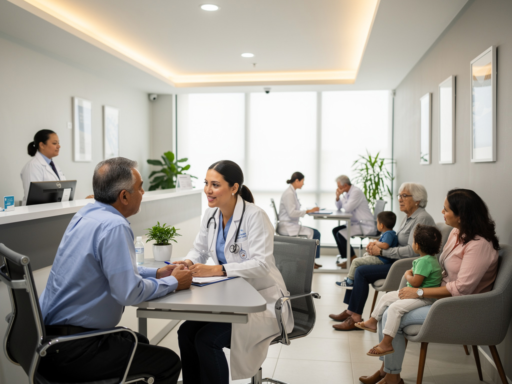 Doctora atendiendo a paciente en sala de espera de clínica moderna con familias y personal médico