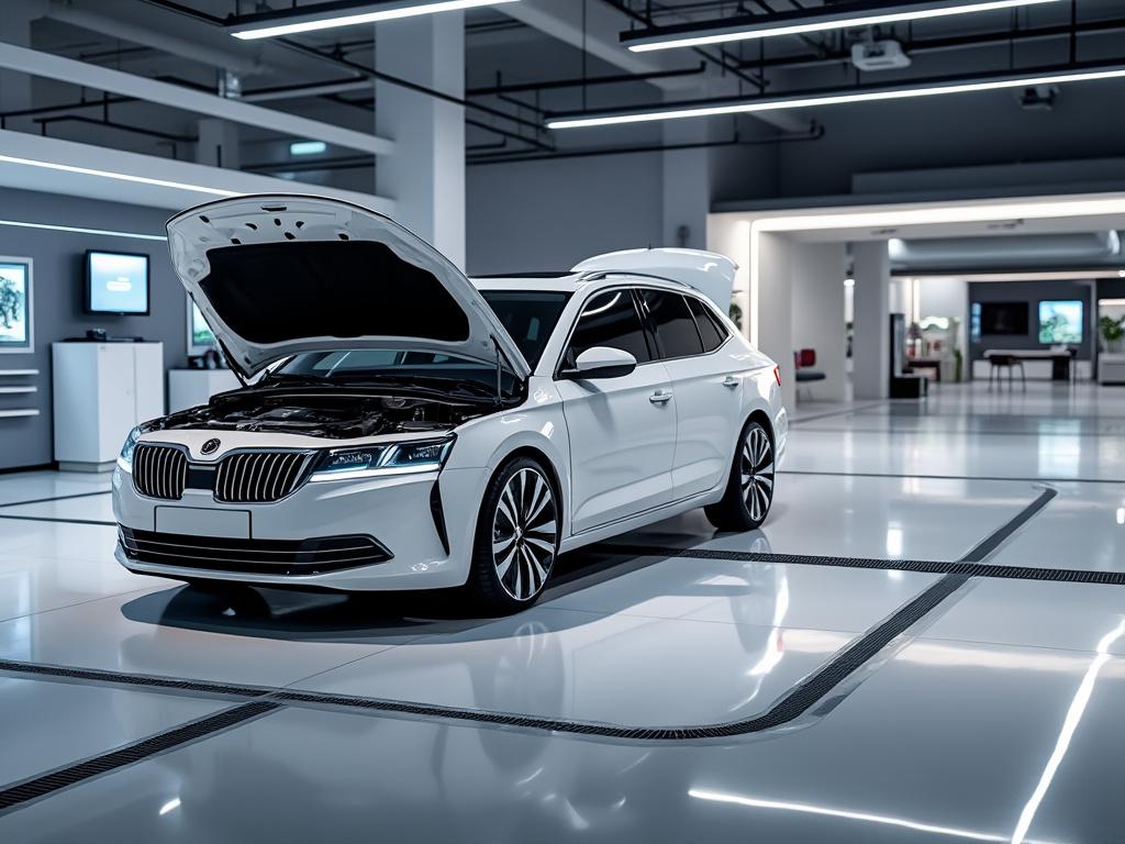 Coche blanco moderno con capó abierto en taller iluminado.