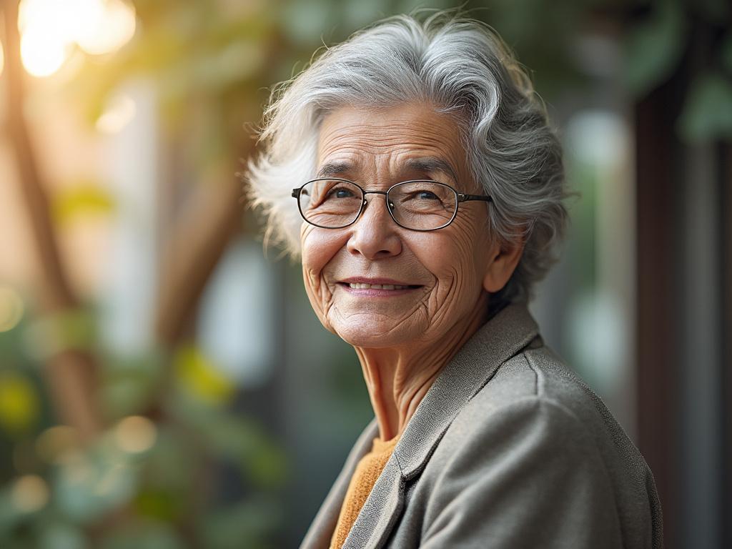 Elderly woman with gray hair and glasses smiling warmly outdoors, with soft sunlight and greenery in the background.