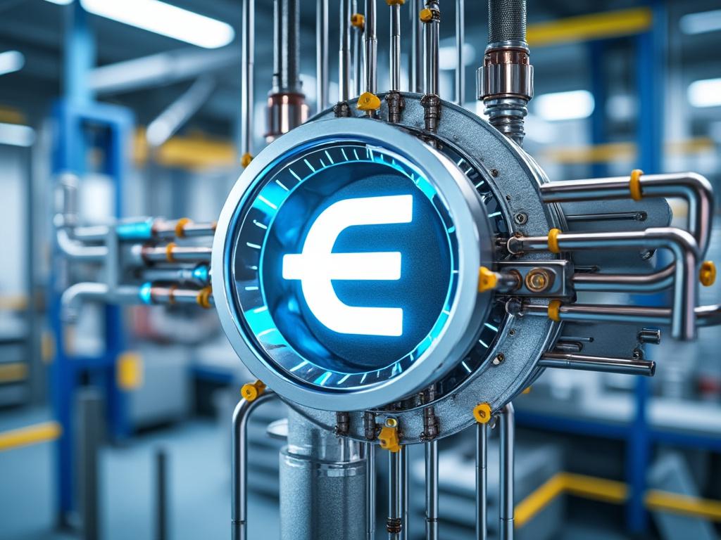 Símbolo de euro iluminado en máquina industrial con tubos metálicos.