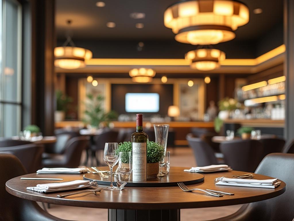 Mesa de restaurante elegante con botella de vino, copas y cubiertos, iluminación cálida de fondo.