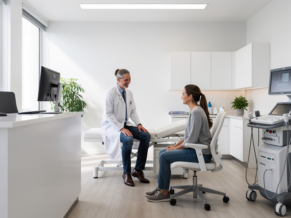 Médico conversando con paciente en consulta clínica moderna con camilla, ordenador y equipo de ecografía