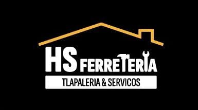 Logotipo de HS Ferretería, Tlapalería & Servicios, con diseño de tejado naranja sobre fondo negro.