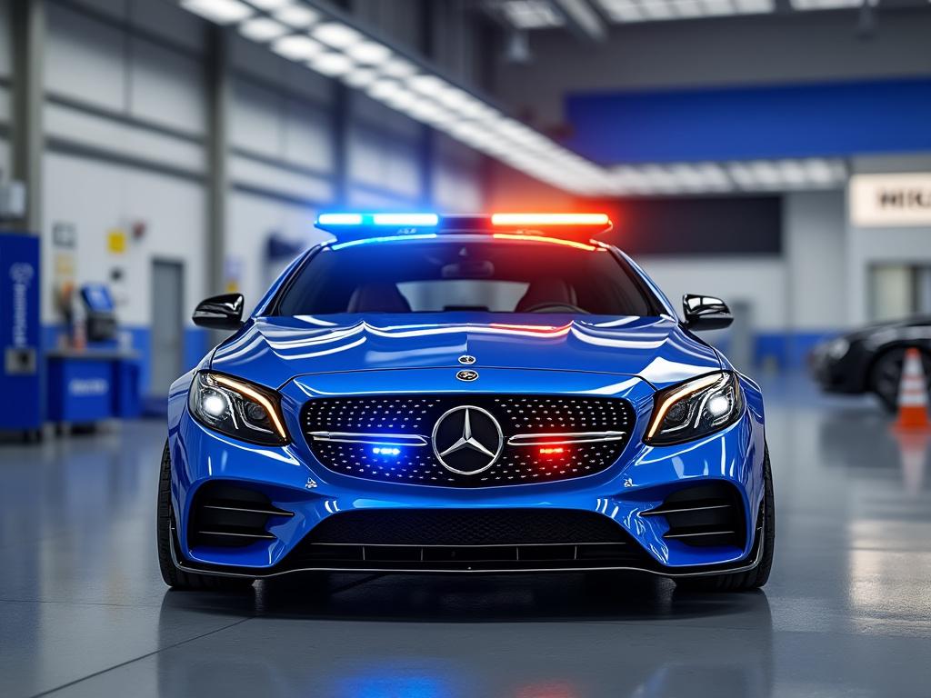 Blue Mercedes-Benz police car with red and blue lights in a garage setting.