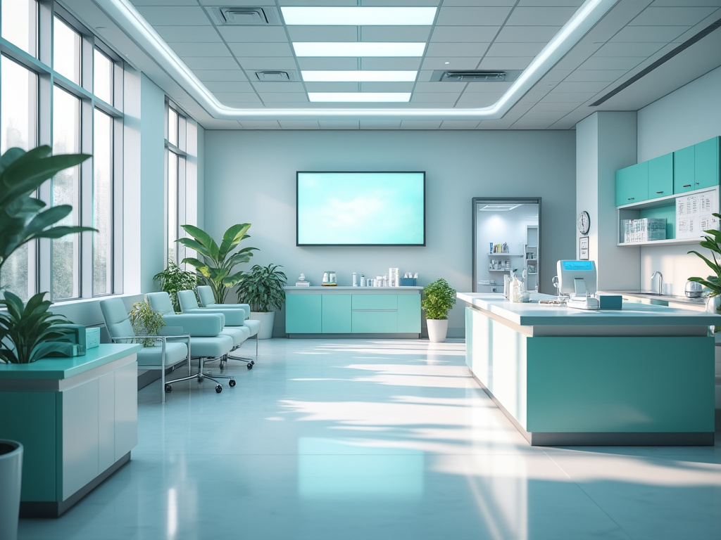 Recepción moderna de una clínica médica con muebles de color verde menta, plantas decorativas y gran ventanal.