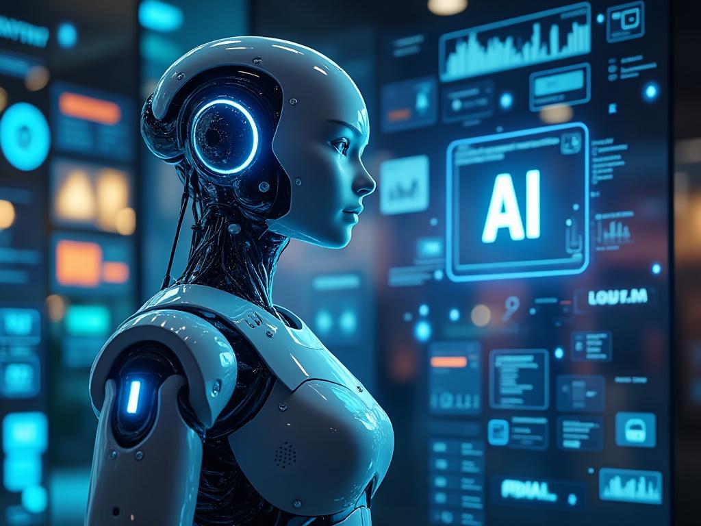 Robot humanoide futurista con interfaz digital de inteligencia artificial en segundo plano.