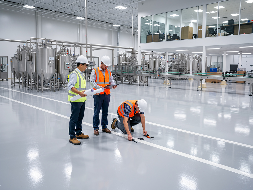 Engineers in safety gear inspecting polished epoxy floor in modern industrial manufacturing facility with stainless steel tanks and production equipment