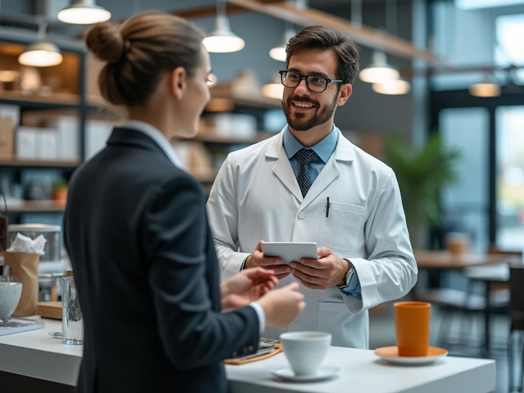 Smiling male doctor in a white coat and glasses holds a tablet, conversing with a woman in a business suit at a modern cafe.