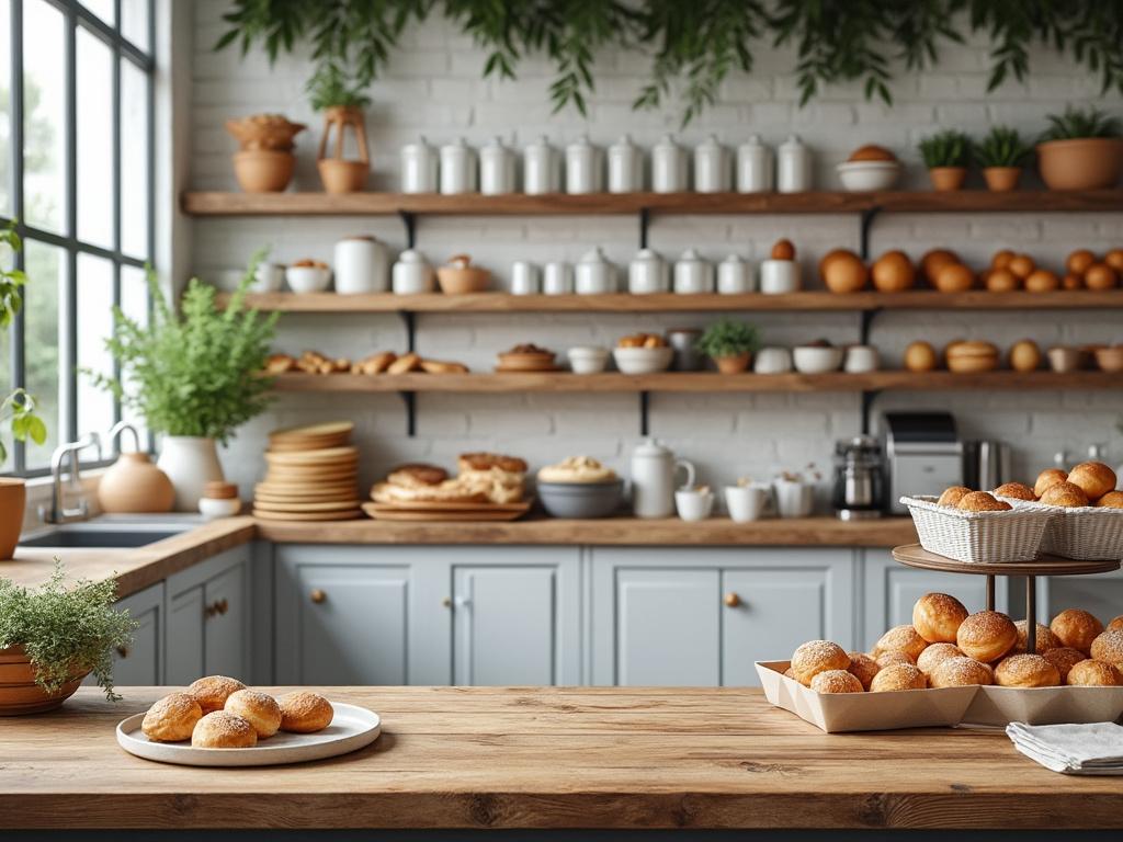 Cocina moderna con estantes de madera repletos de vajilla blanca, plantas decorativas y panes recién horneados.