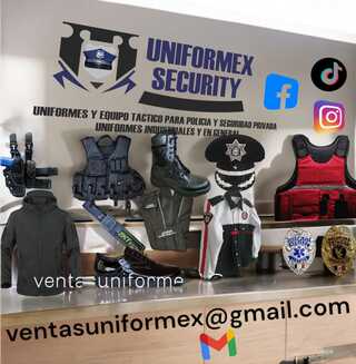 Exhibición de uniformes y equipo táctico de seguridad en Uniformex Security con contacto de ventas y logotipos de redes sociales. Exhibición de uniformes y equipo táctico de seguridad en Uniformex Security con contacto de ventas y logotipos de redes sociales.