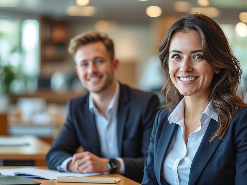 Dos profesionales jóvenes en un entorno de oficina, sonriendo, con enfoque en una mujer al frente.