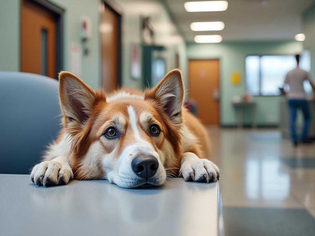 A fluffy dog with brown and white fur rests its head on a table in a brightly lit hallway, looking directly at the camera with its ears perked up.