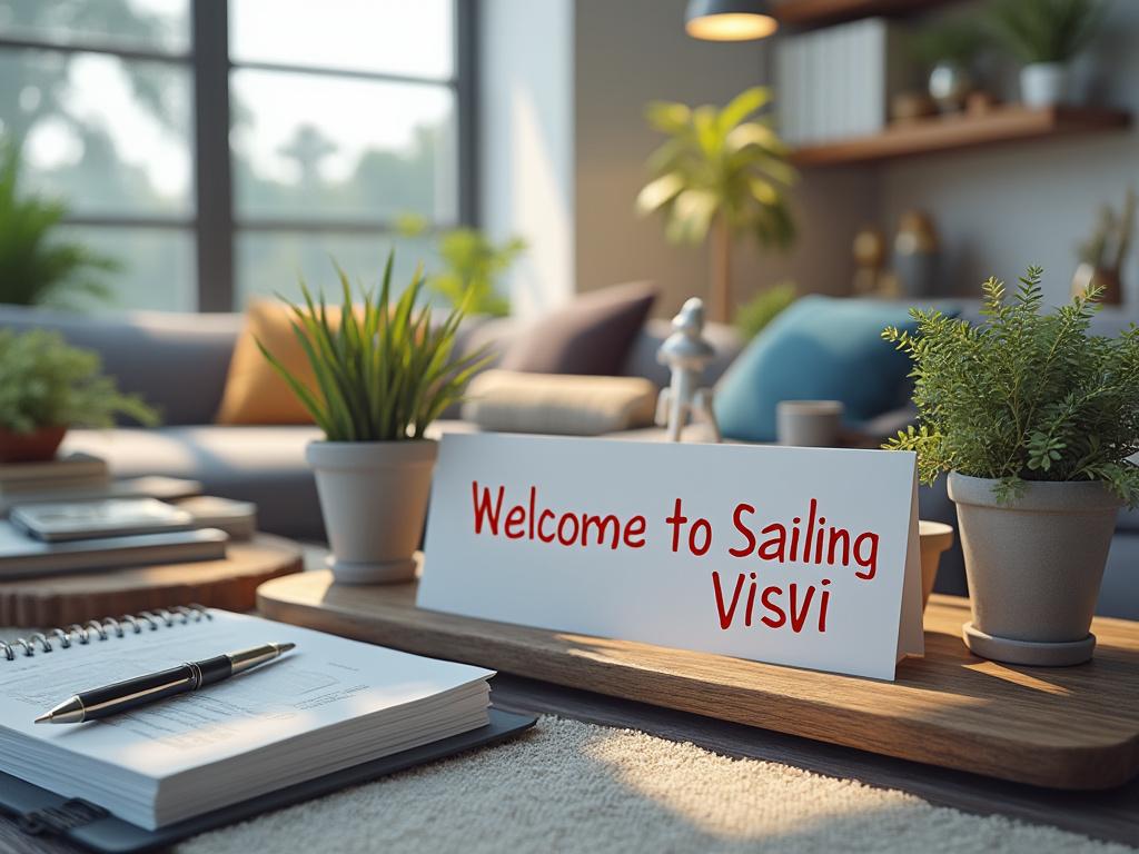 Decorative sign with 'Welcome to Sailing Visvi' on a coffee table surrounded by potted plants and a notebook in a cozy living room setting.