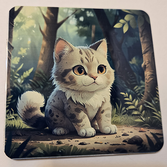 Square metal coaster with a kitten in woods design