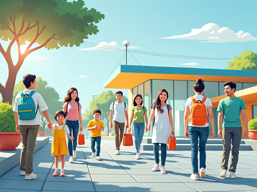 Un grupo de personas caminando en un entorno urbano soleado, incluyendo niños y adultos con mochilas y bolsas.