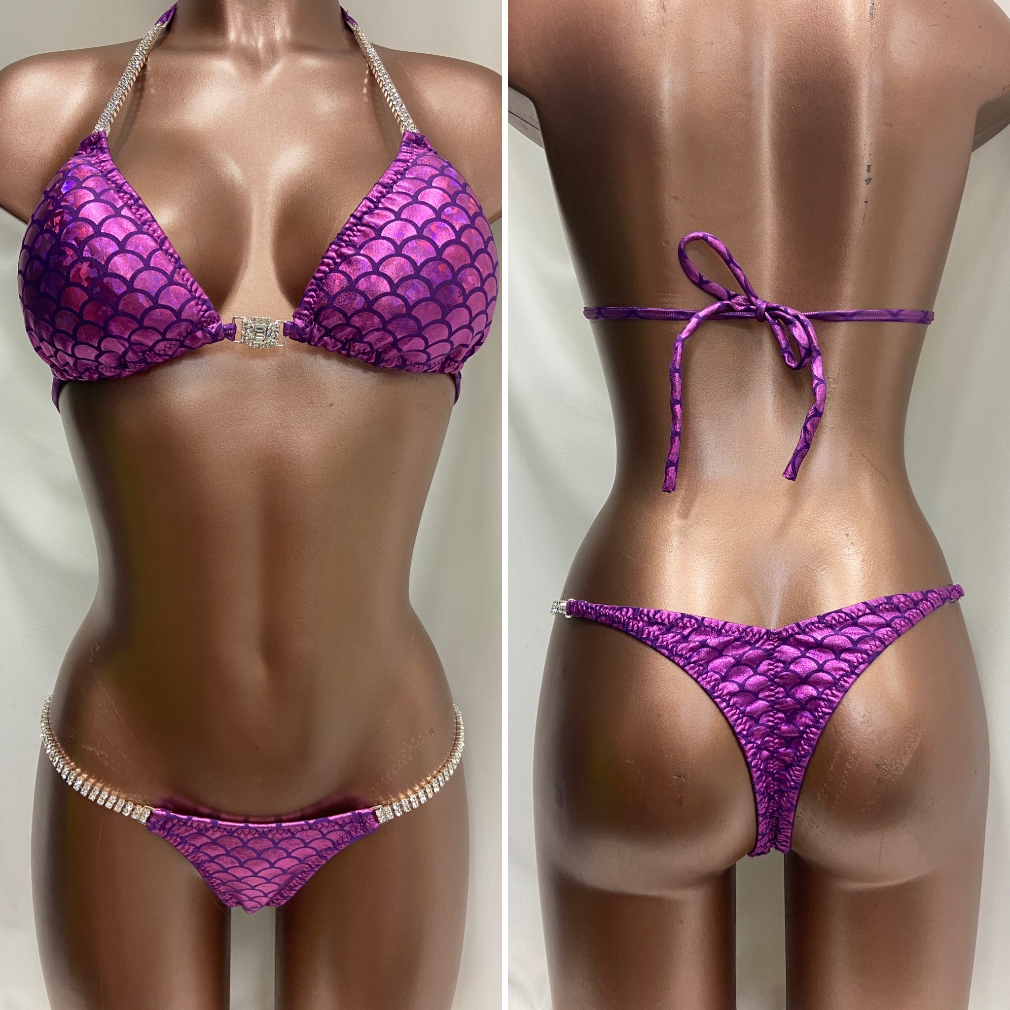 B4
Amythist Mermaid print bikini
B Slim sliding top
xsmall front , xxxsmall V back 
$135