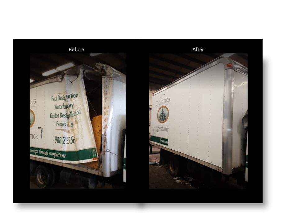 Before and after images of a damaged truck with torn siding repaired to a pristine condition.