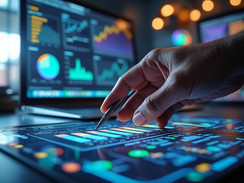 Hand interacting with digital touchscreen displaying data analytics and graphs.
