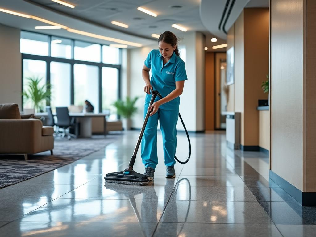 A cleaning professional in blue uniform mopping a glossy office floor with a modern mop, surrounded by office furniture and large windows.