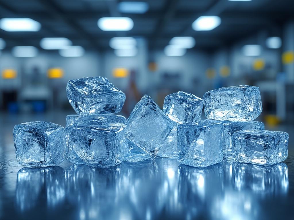 Cubos de hielo transparentes apilados sobre una superficie reflectante en un ambiente interior iluminado.