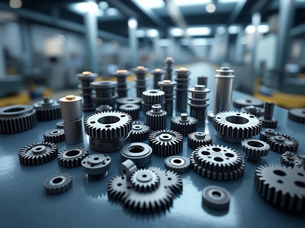 Close-up of metal gears and parts on a factory table with a blurred industrial background.