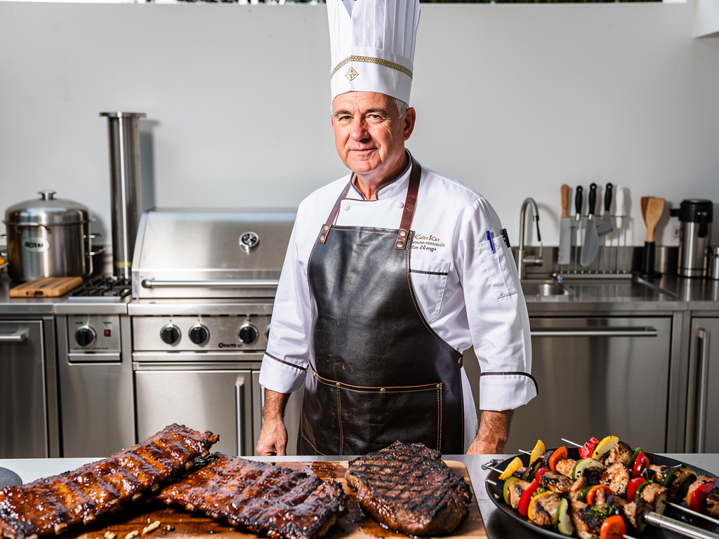 Chef profesional con uniforme en cocina moderna junto a costillas a la barbacoa, bistec a la parrilla y verduras asadas