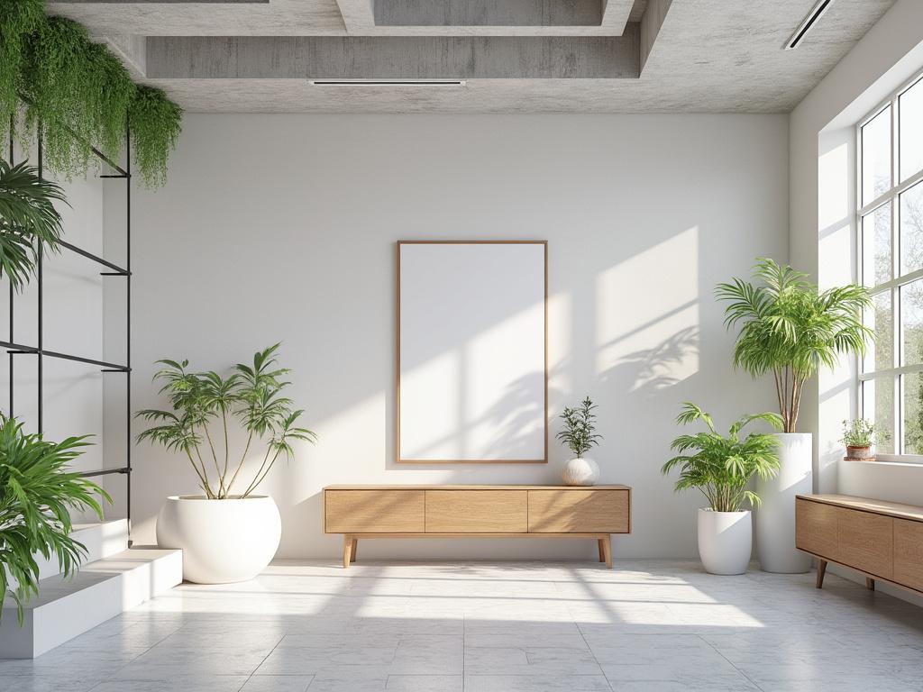 Sala de estar moderna con plantas verdes, luz natural y un cuadro en blanco colgado en la pared.