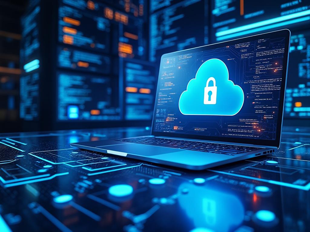 Laptop displaying secure cloud computing concept with glowing lock symbol, surrounded by digital data and technology interface.