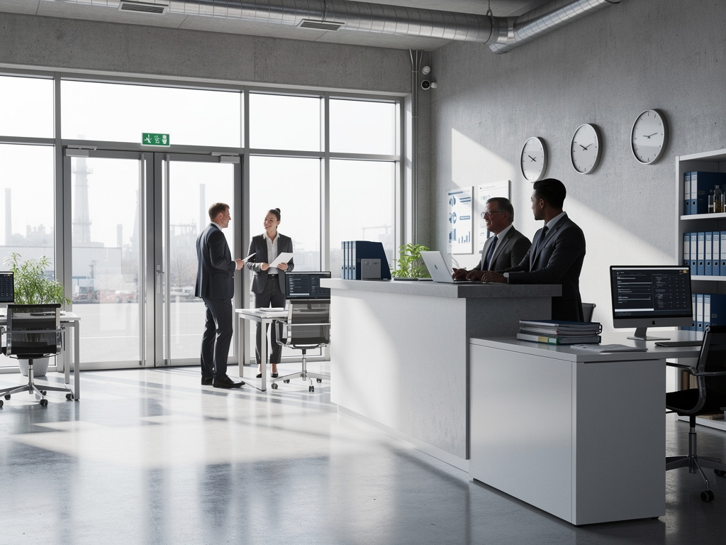 Oficina moderna con profesionales de negocios, recepción, escritorios, ordenadores y relojes de pared junto a grandes ventanales Oficina moderna con profesionales de negocios, recepción, escritorios, ordenadores y relojes de pared junto a grandes ventanales