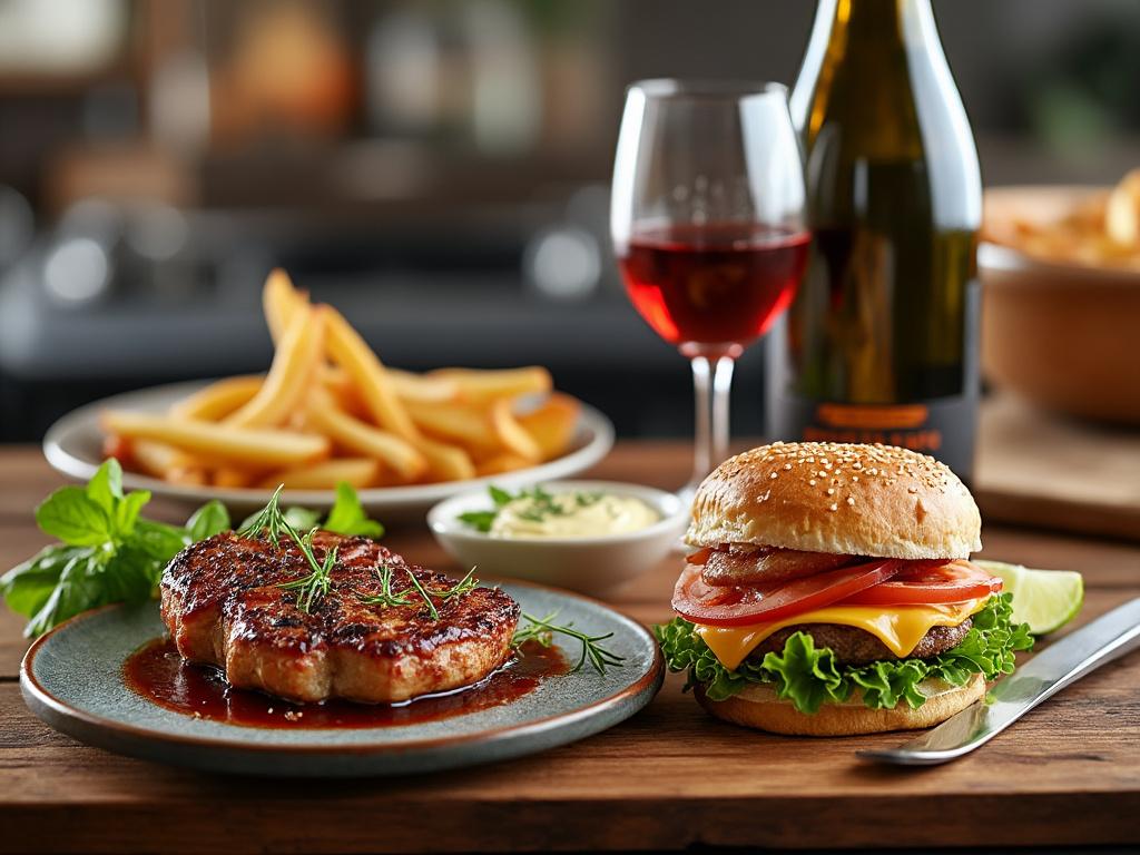 Cena gourmet con hamburguesa, chuleta de cerdo, papas fritas, copa de vino tinto y botella en segundo plano.