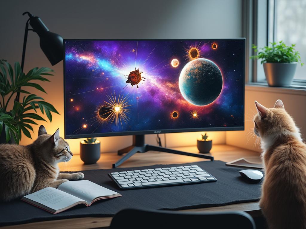 Two cats on a desk watching a vivid space-themed screensaver on a large computer monitor with a keyboard, mouse, and open book nearby, surrounded by plants.