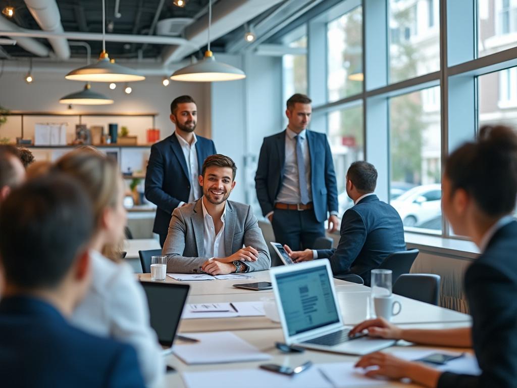 Reunión de trabajo en una oficina moderna con mesas y sillas; varias personas en traje conversando y utilizando portátiles.