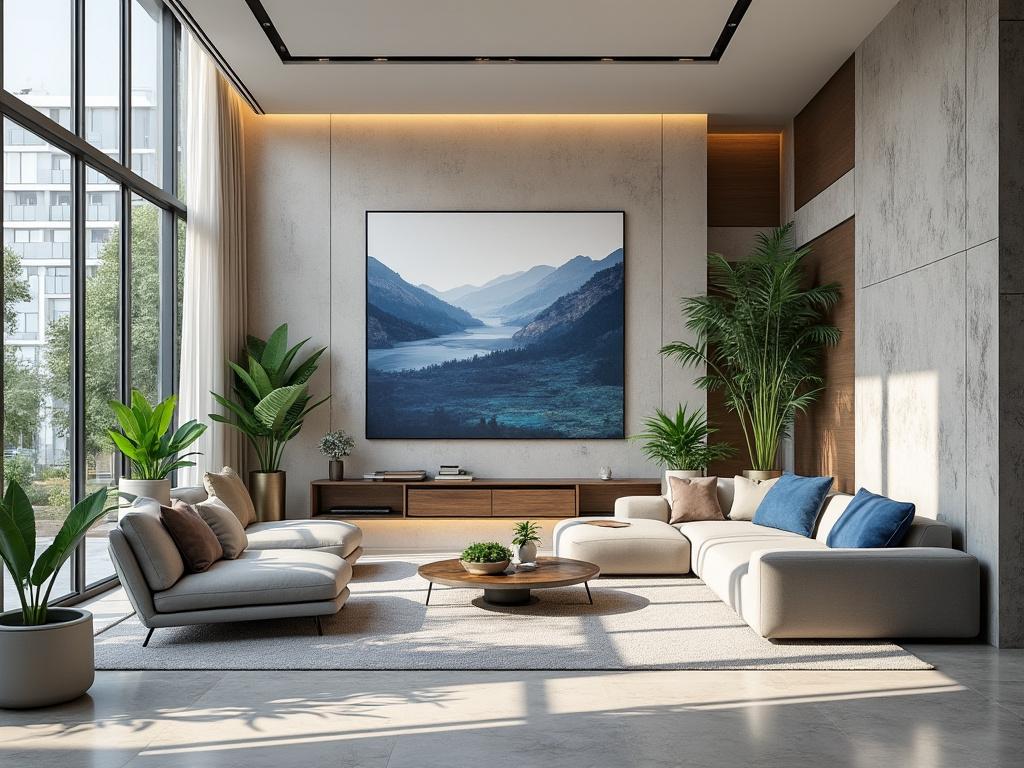 Sala de estar moderna con muebles beige, cojines azules, plantas en macetas y gran cuadro de paisaje en la pared, con luz natural entrando por ventanas grandes.