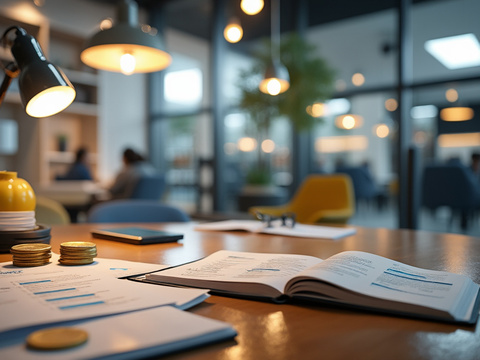 Open financial report with charts on office desk, coins, notebook, and warm lamps in modern workspace