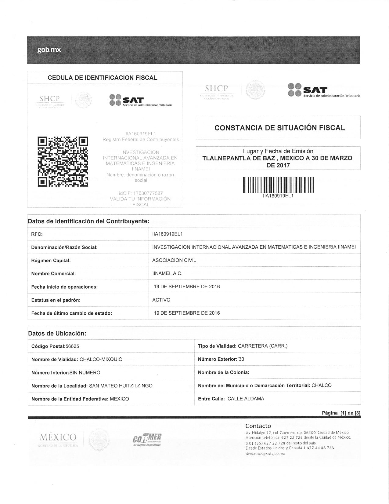 Mexican tax identification document with QR code, issuance details, and taxpayer information including address and registration.