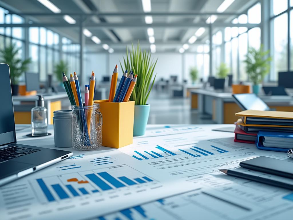 Oficina moderna con gráficos financieros, planta y útiles de escritorio sobre el escritorio.