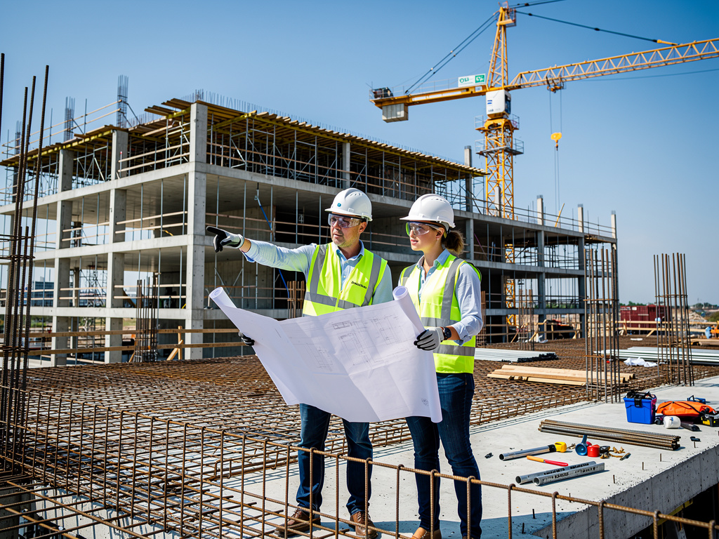 Ingenieros revisan planos en una obra de construcción con grúa y estructura de hormigón en desarrollo