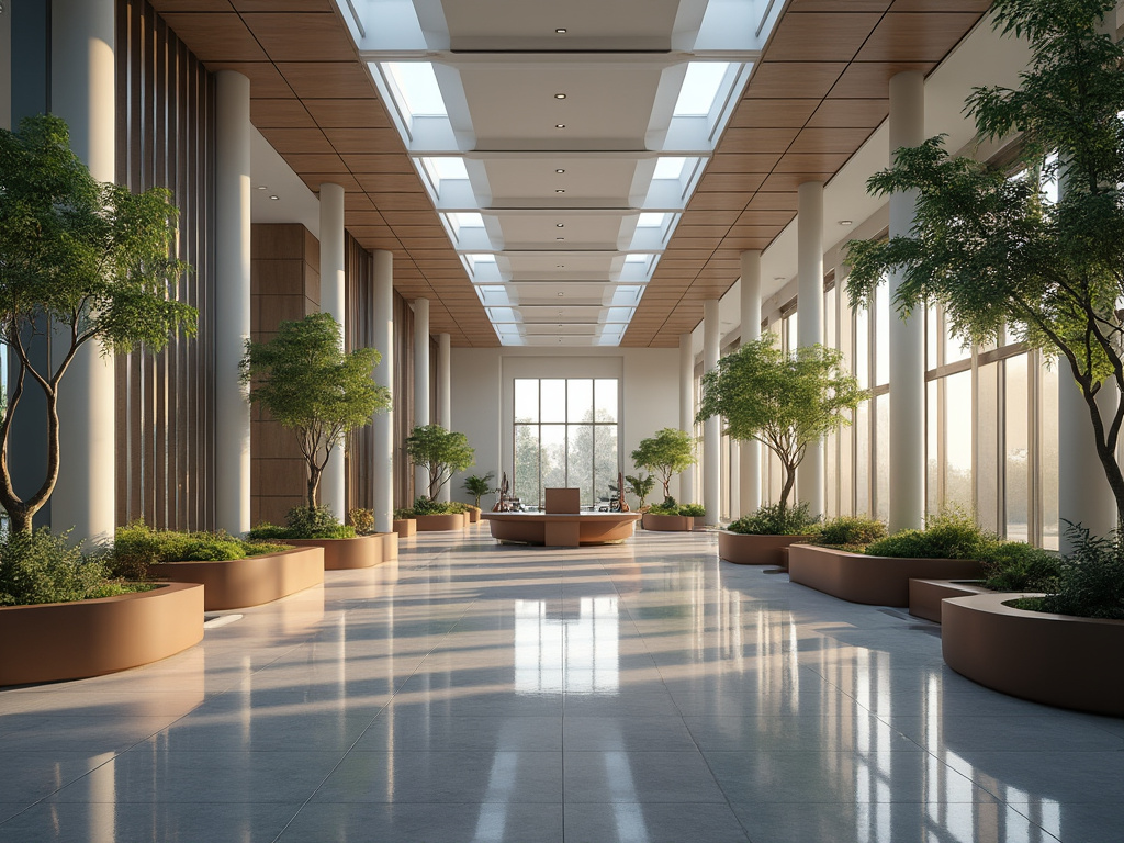 Pasillo moderno amplio con plantas en macetas grandes y luz natural desde el techo.