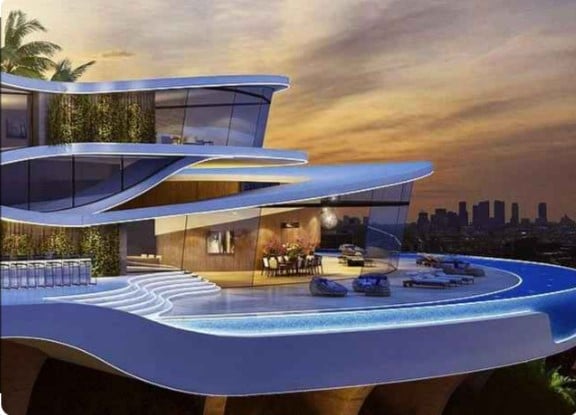 Casa moderna futurista com janelas de vidro espaçoso, piscina infinita e varanda ao entardecer.