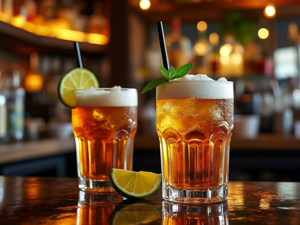 Dos vasos de cóctel Long Island Iced Tea con rodajas de lima en un bar iluminado.